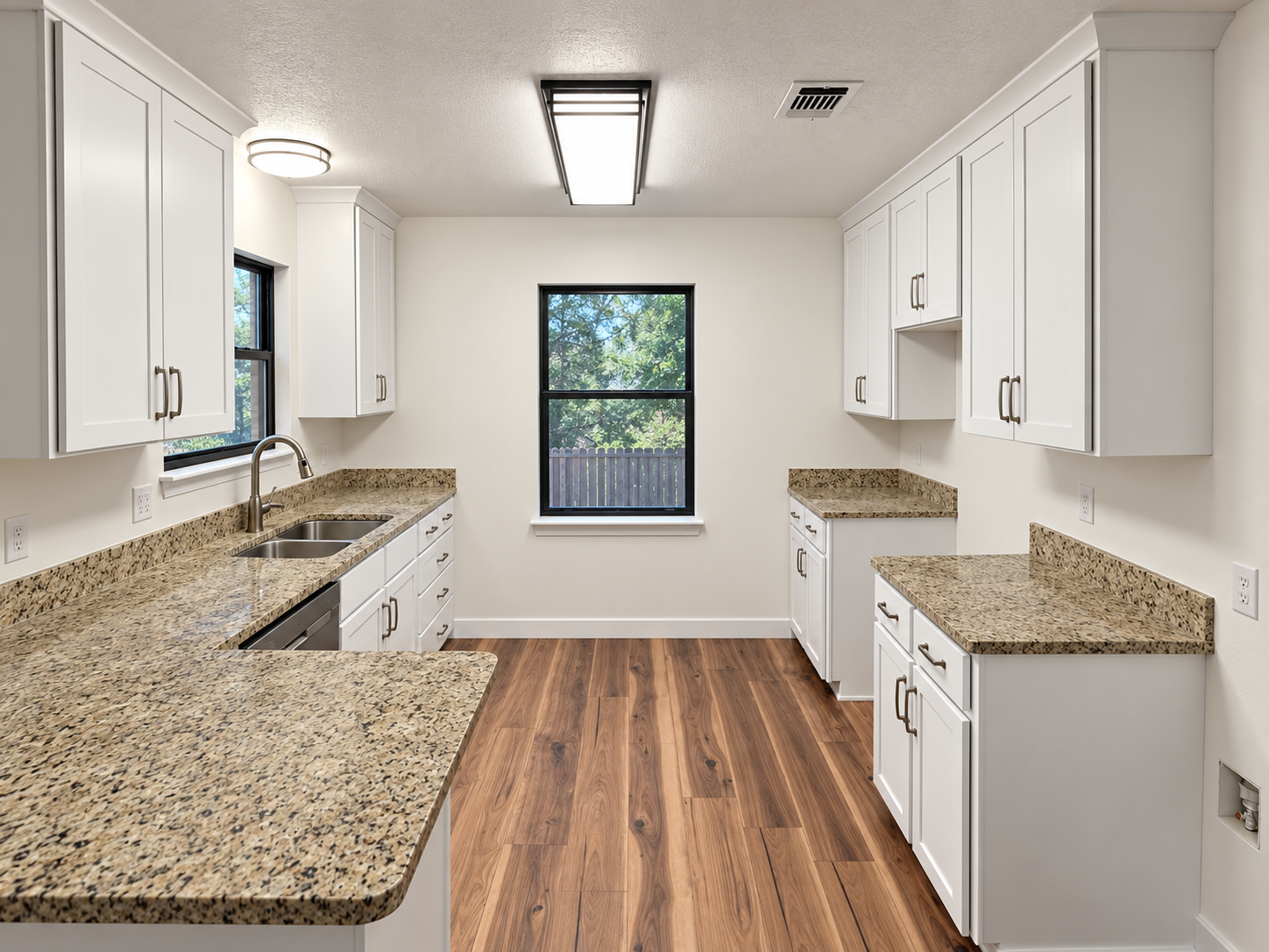 Wide finished view showing the matching new upper and refaced lower cabinets